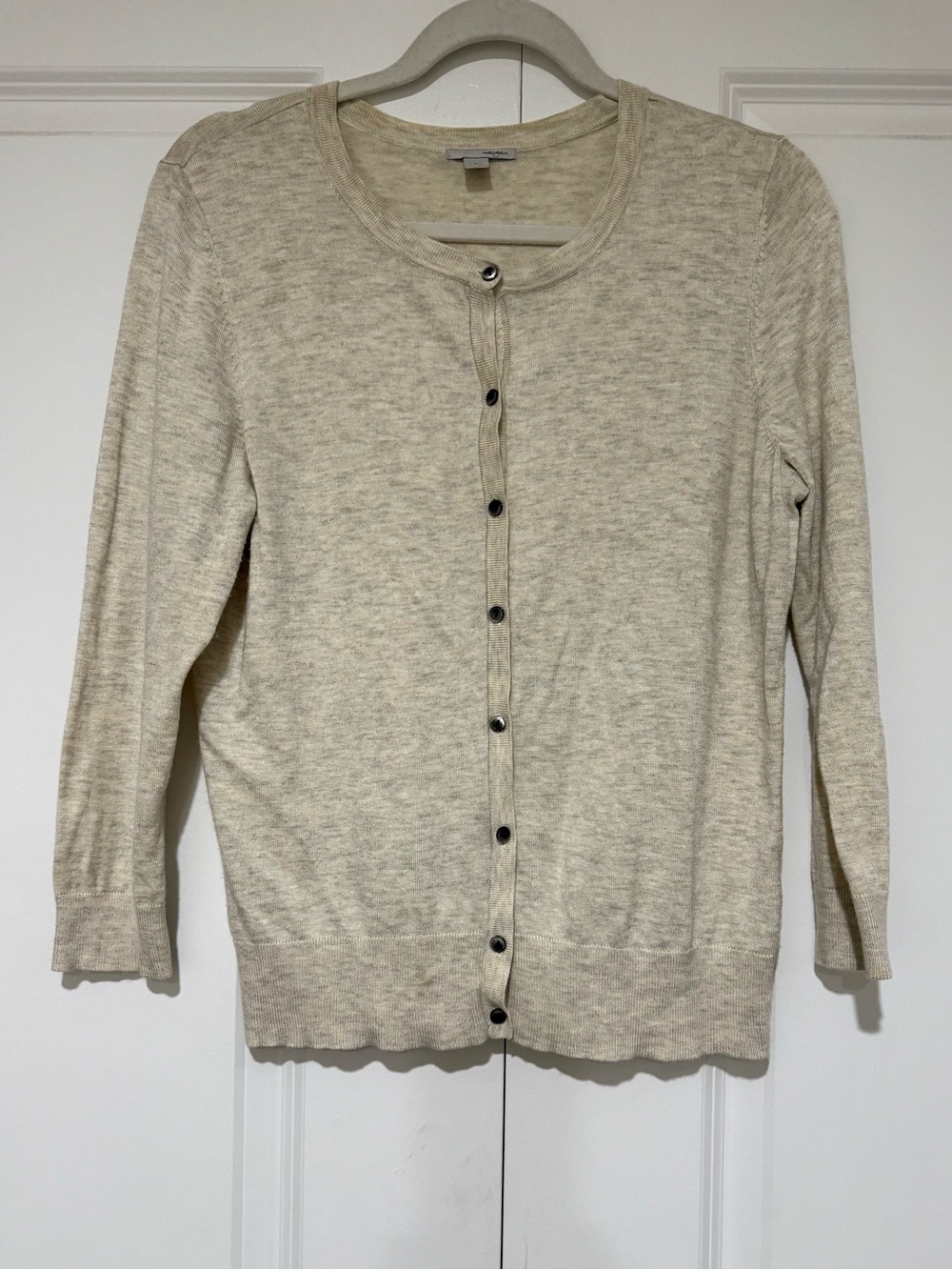 Halogen Heathered Beige/Gray Lightweight Button-Front Crewneck Cardigan